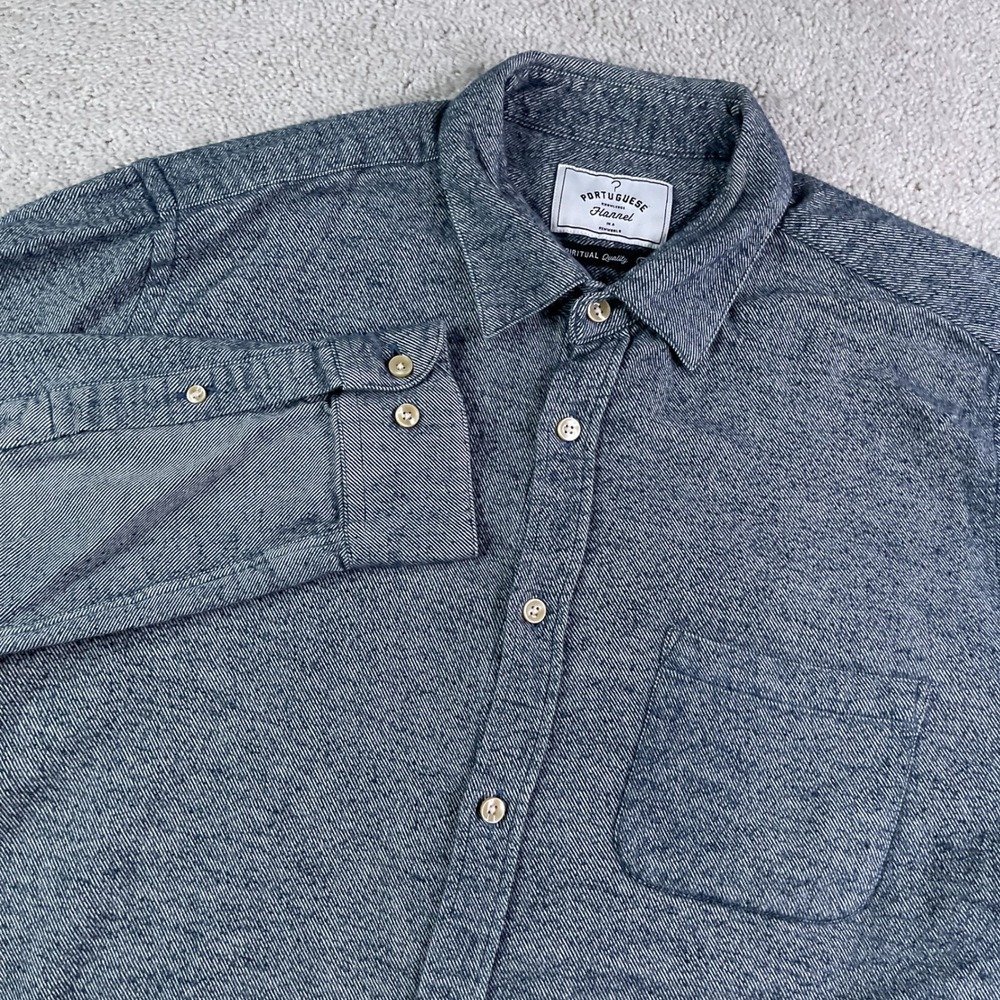 Portuguese Flannel Shirt Mens XL Blue Cotton Button Up Casual Classic Brushed